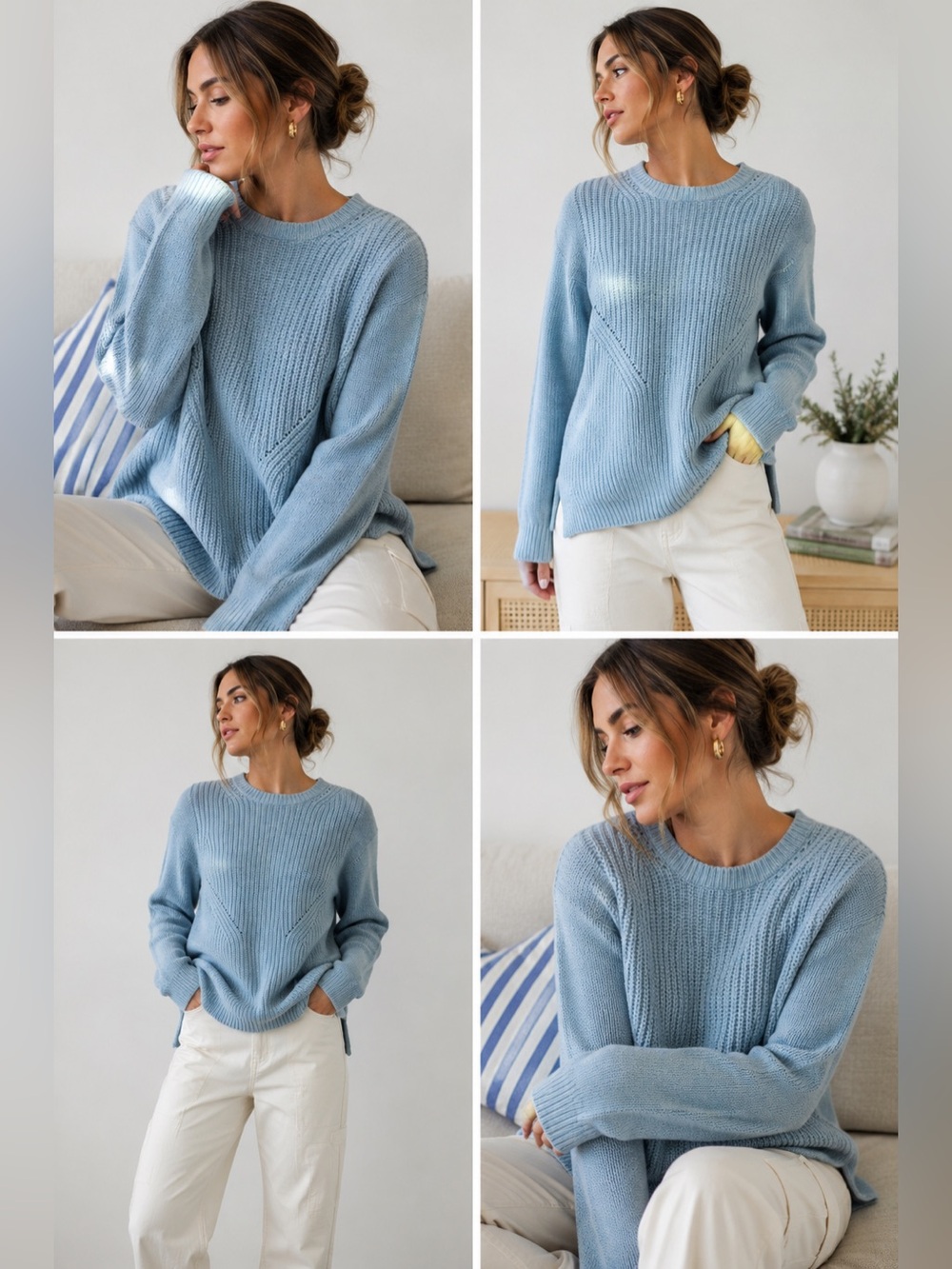 J.Crew 100% Wool Chunky Fisherman Knit Sweater Icy Blue Quiet Luxury L Fisherman
